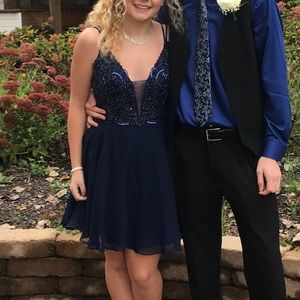 Beaded Lace Navy Homecoming Dress